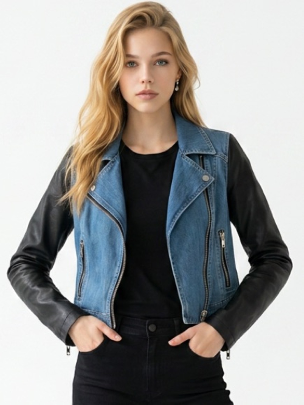 Moon Collection Womens Small Moto Denim Jacket Diagonal Zip Black Sleeves Cotton